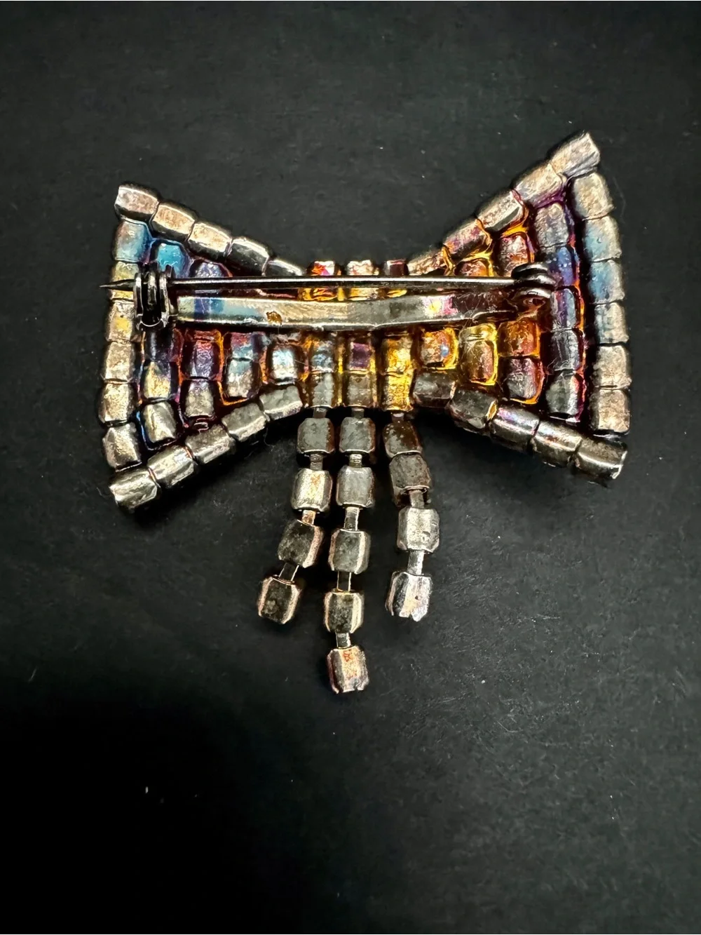 VTG Rhinestone Bow Tie Brooch Pave Crystal Dangle Tassel Fringe Pin
